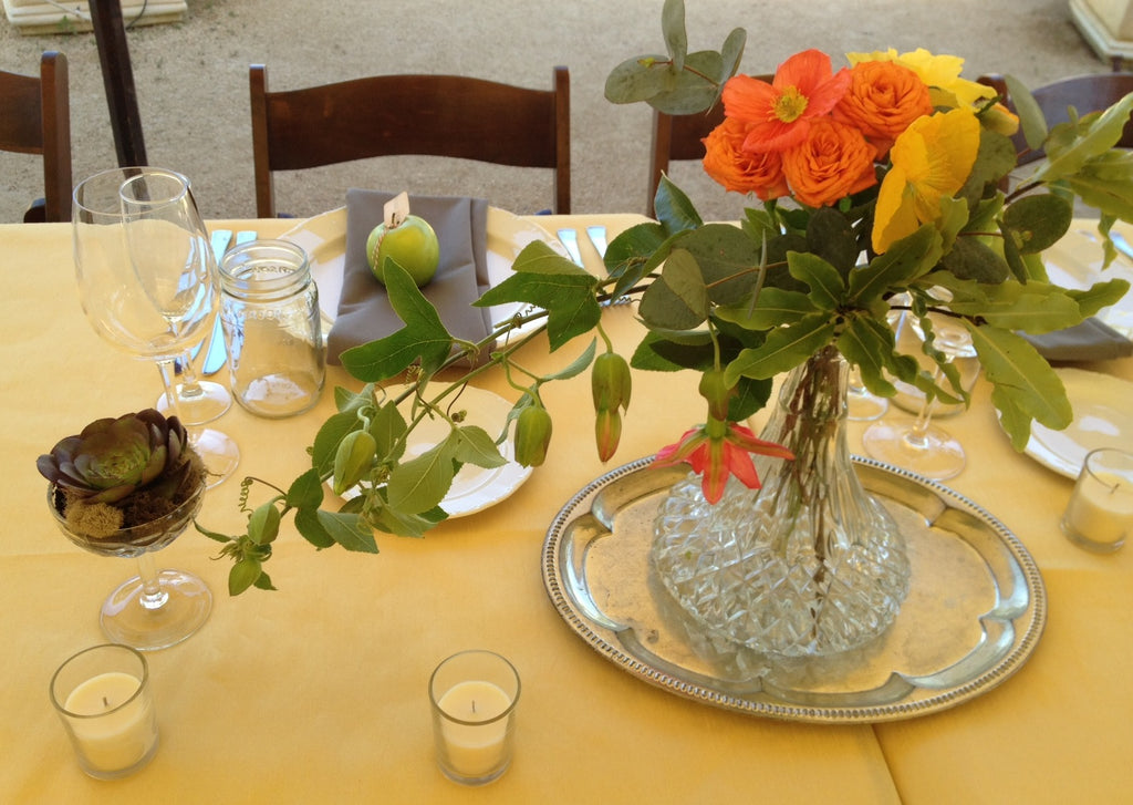 lush centerpieces with vintage goods for a Cornerstone Wedding by Gorgeous and Green