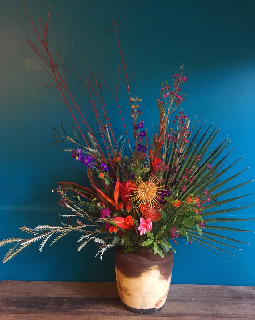 Rustic Mexican vase with tropical and colorful florals by Gorgeous and Green