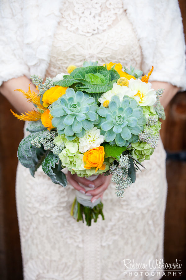 Succulent green and mustard yellow bridal bouquet by Gorgeous and Green