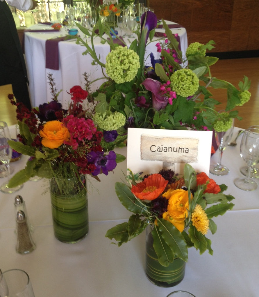 local grown colorful centerpieces for a Brazil Room wedding by Gorgeous and Green