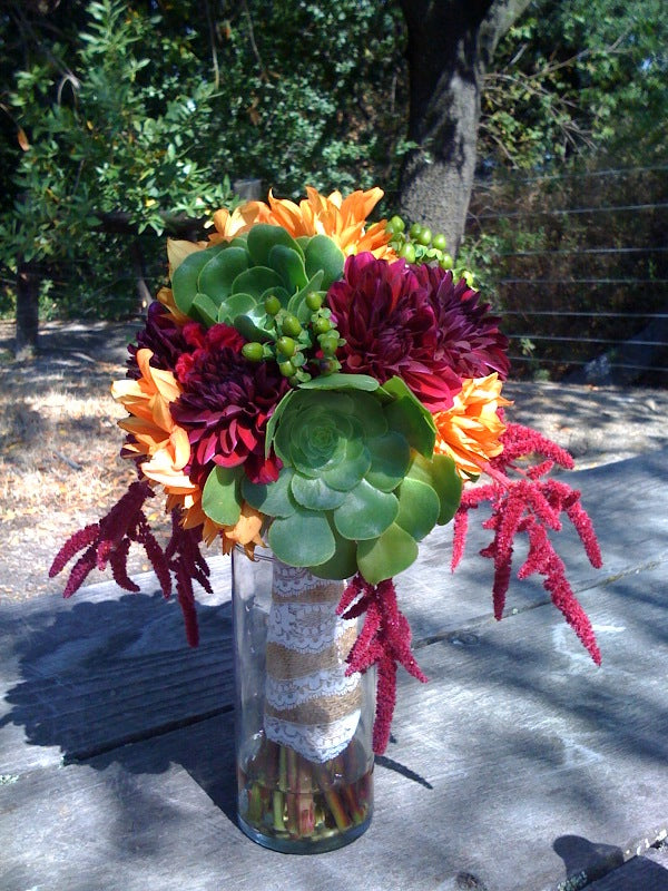 Succulents and dahlias for a bridal bouquet by Gorgeous and Green